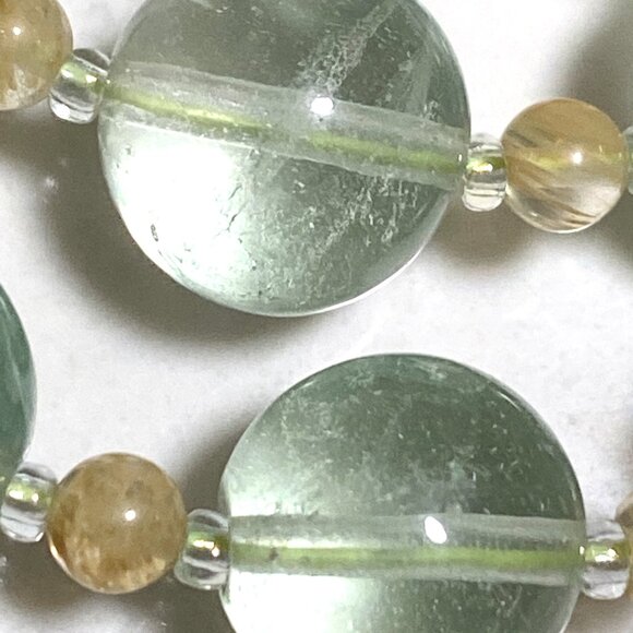 Genuine Green Fluorite & Golden Rutilated Quartz Gemstone Beaded Necklace - Picture 8 of 11